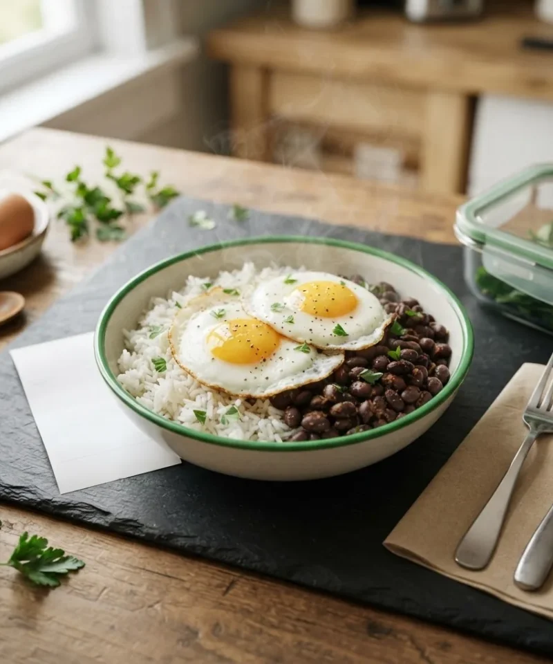 Cheap High-Protein Meals hero, a hearty budget high-protein bowl of rice, beans and eggs with a grocery receipt beside it