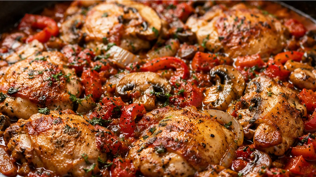 One-Pan Chicken Cacciatore - Chicken Cacciatore: Make this easy one-pan Italian comfort dish with tender chicken thighs braised in a rich tomato sauce with mush