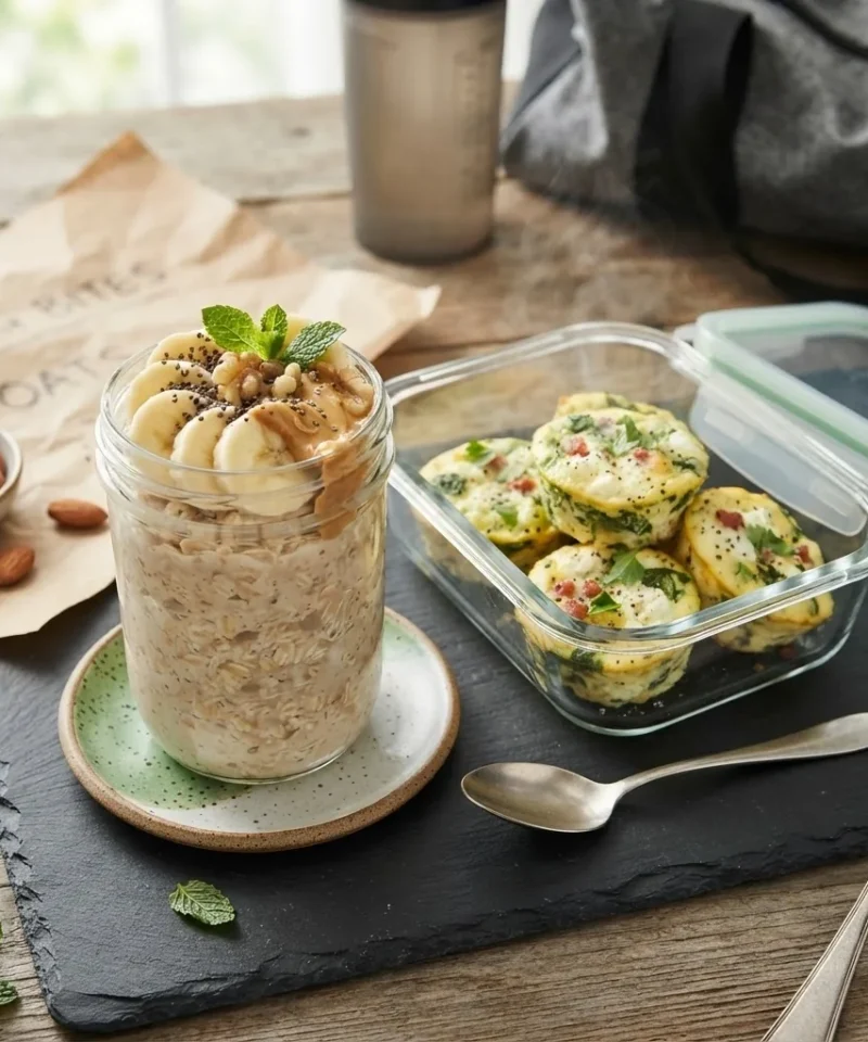 High-Protein Breakfast hero, a jar of protein overnight oats topped with banana and peanut butter beside egg bites
