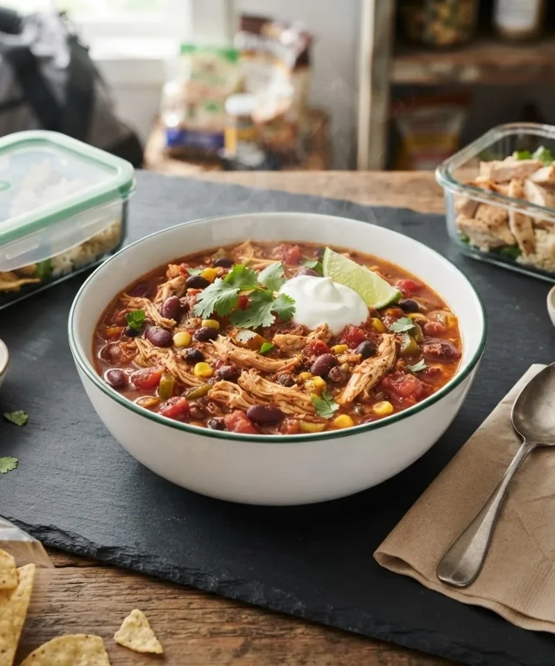 High-Protein Dinners hero, a crockpot high-protein chili in a bowl with shredded chicken and beans, steam rising