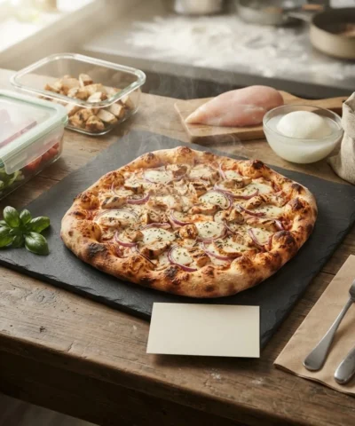 High-Protein Recipes hero, a high-protein pizza loaded with chicken and mozzarella on a slate board, macros card beside it