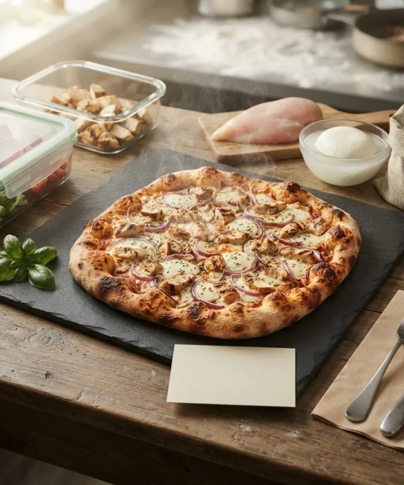 High-Protein Recipes hero, a high-protein pizza loaded with chicken and mozzarella on a slate board, macros card beside it