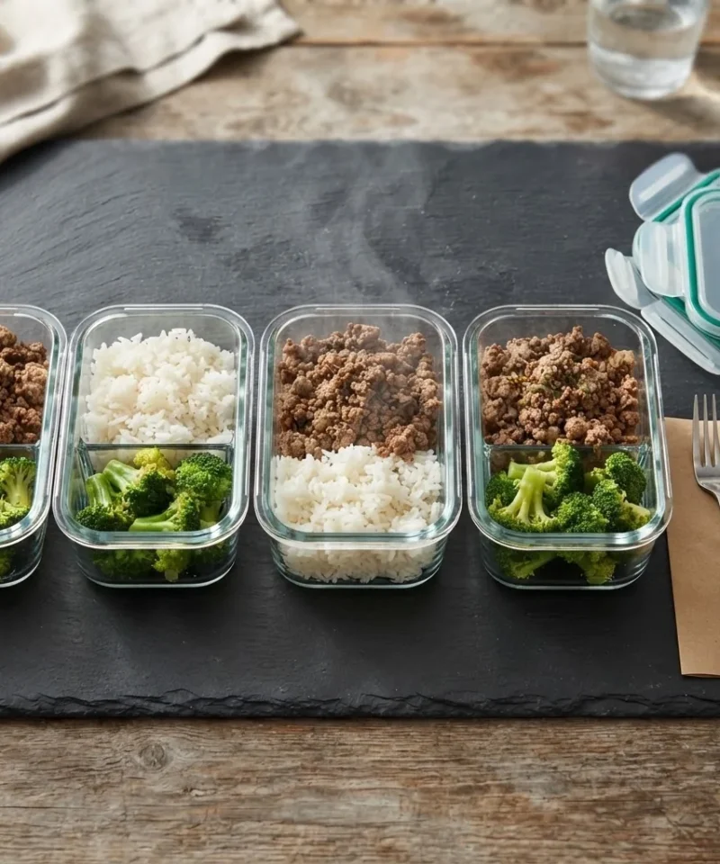 High-Protein Meal Prep hero, five glass meal-prep containers of ground beef, rice and broccoli lined up on slate