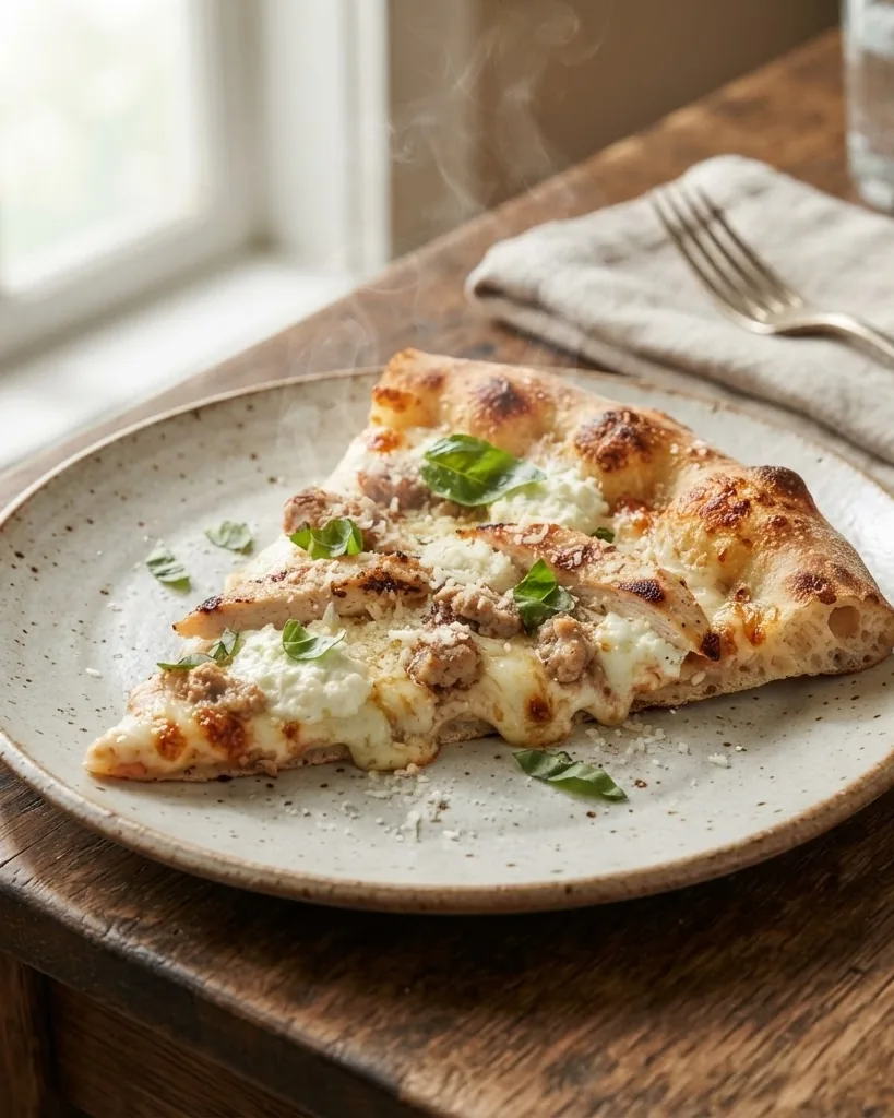 Close-up illustrating what "high protein" actually means for a slice of pizza