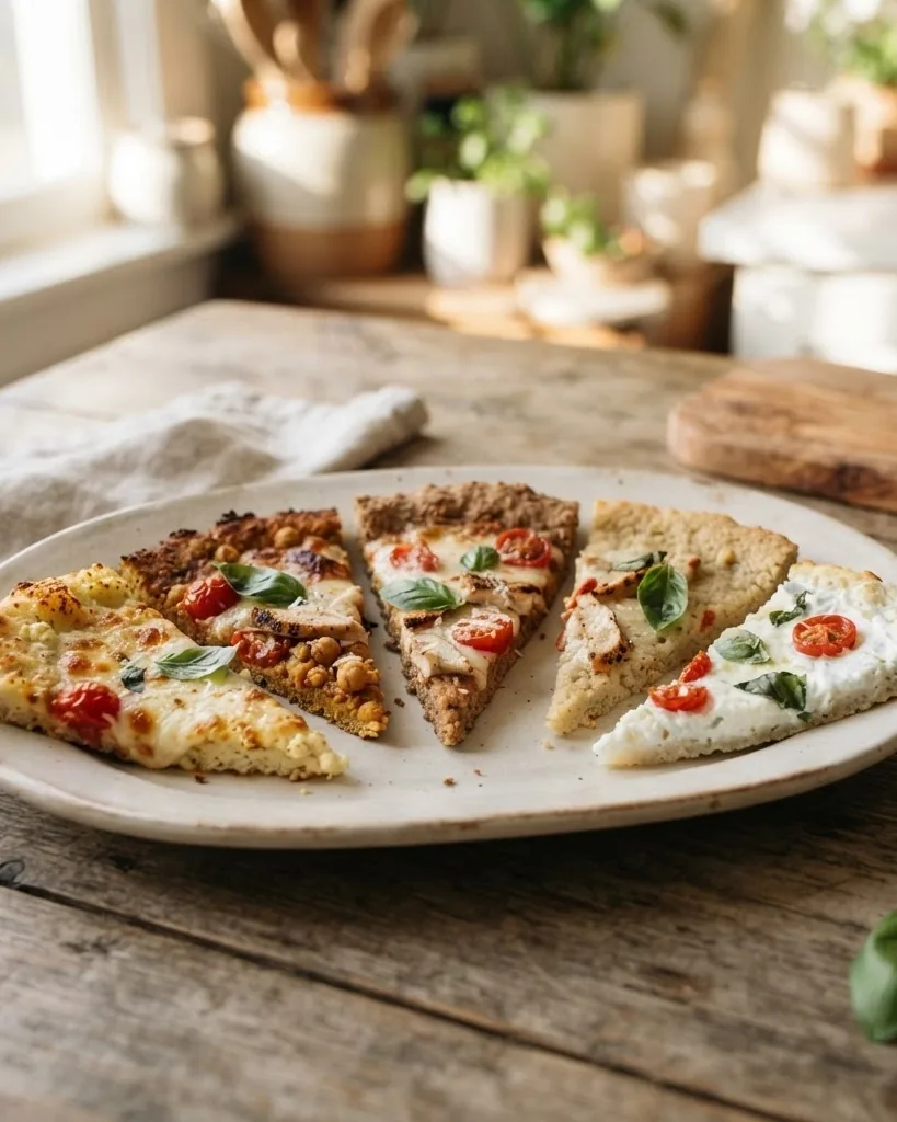 Detail view of cottage cheese, chickpea, chicken: five crust routes compared