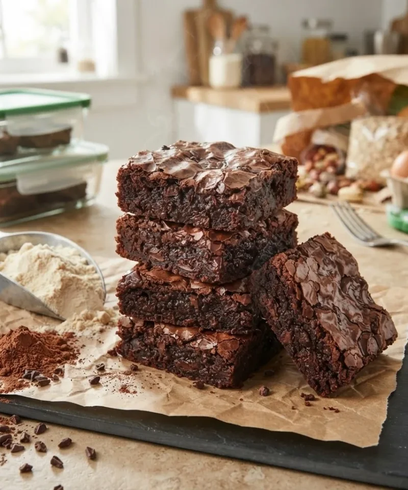 Protein Snacks & Desserts hero, a stack of fudgy protein brownies with a scoop of protein powder and cocoa on kraft paper