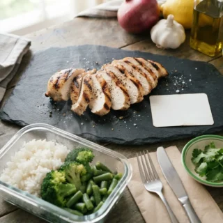 Chicken Breast, sliced grilled chicken breast on a slate board with a macros card