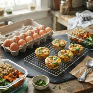 Eggs, a carton of eggs with protein egg bites on a cooling rack