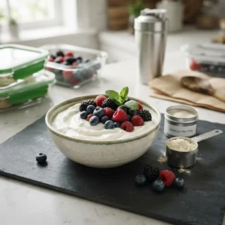 Greek Yogurt, a bowl of thick Greek yogurt with berries and a protein scoop
