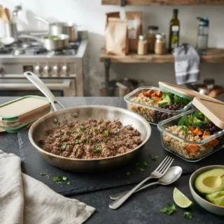 Ground Beef, browned lean ground beef in a stainless pan beside meal-prep containers