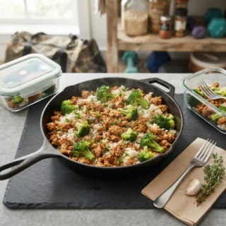 Ground Turkey, seasoned ground turkey in a skillet with rice and broccoli