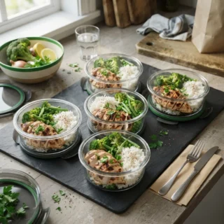 Prep Bowls, five identical meal-prep bowls of chicken, rice and veg on slate