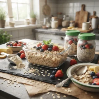 Oats, rolled oats in a glass bowl beside protein overnight oats jars