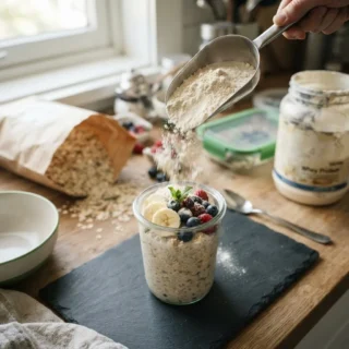 Protein Powder, a scoop of protein powder over a jar of overnight oats