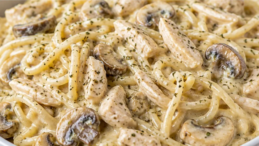 Easy Crockpot Chicken Tetrazzini! Chicken tetrazzini: Make this easy crockpot recipe in under 5 hours. Tender chicken, mushrooms, and pasta in a rich, creamy sa