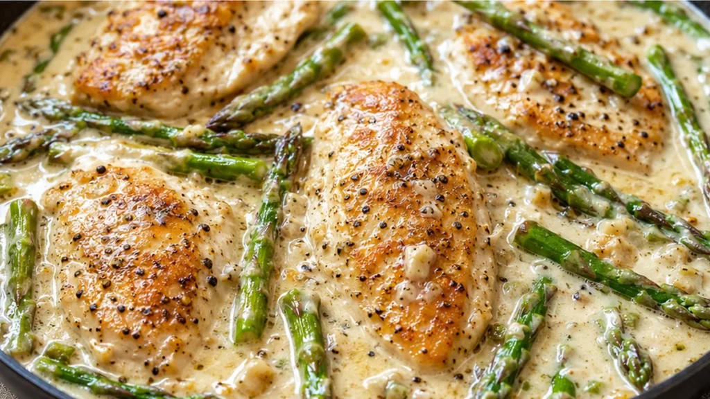 Juicy Creamy Asparagus Chicken! - creamy chicken - Creamy chicken: whip up this garlic asparagus skillet in under 45 minutes. Juicy chicken breasts smothered in