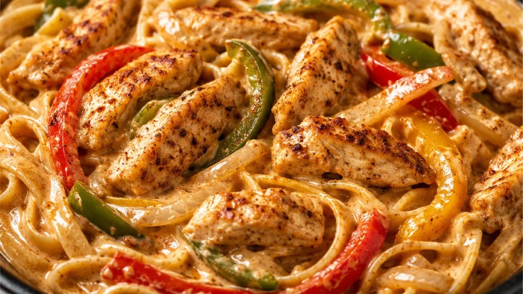 Creamy Chicken Fajita Pasta - Fajita pasta: whip up this easy one-skillet chicken dish in under 30 minutes. Packed with smoky fajita spices and creamy cheese sa