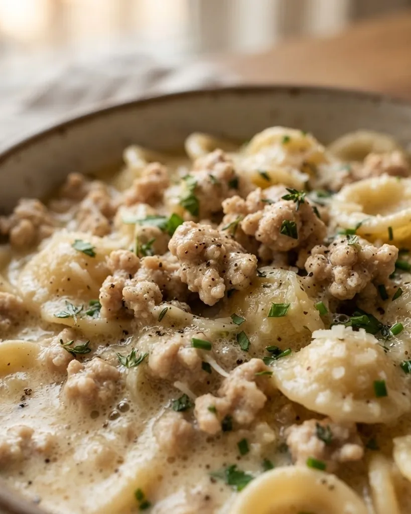 Detail view of ground chicken soups, stews, casseroles and pasta: the comfort-food lineup