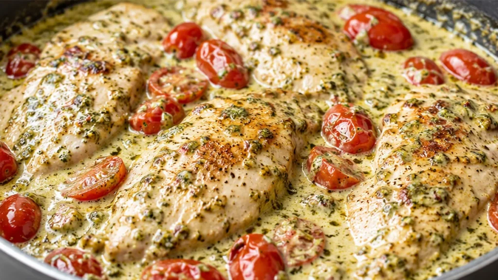 Creamy Pesto Chicken - Pesto chicken: whip up this creamy, flavorful one-skillet dinner in under 30 minutes. Juicy chicken breasts with bright pesto, burst toma